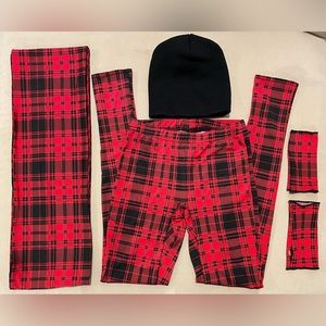 Weissman 5-piece Red & Black Plaid Dance Costume- leggings/scarf/beanie/gloves